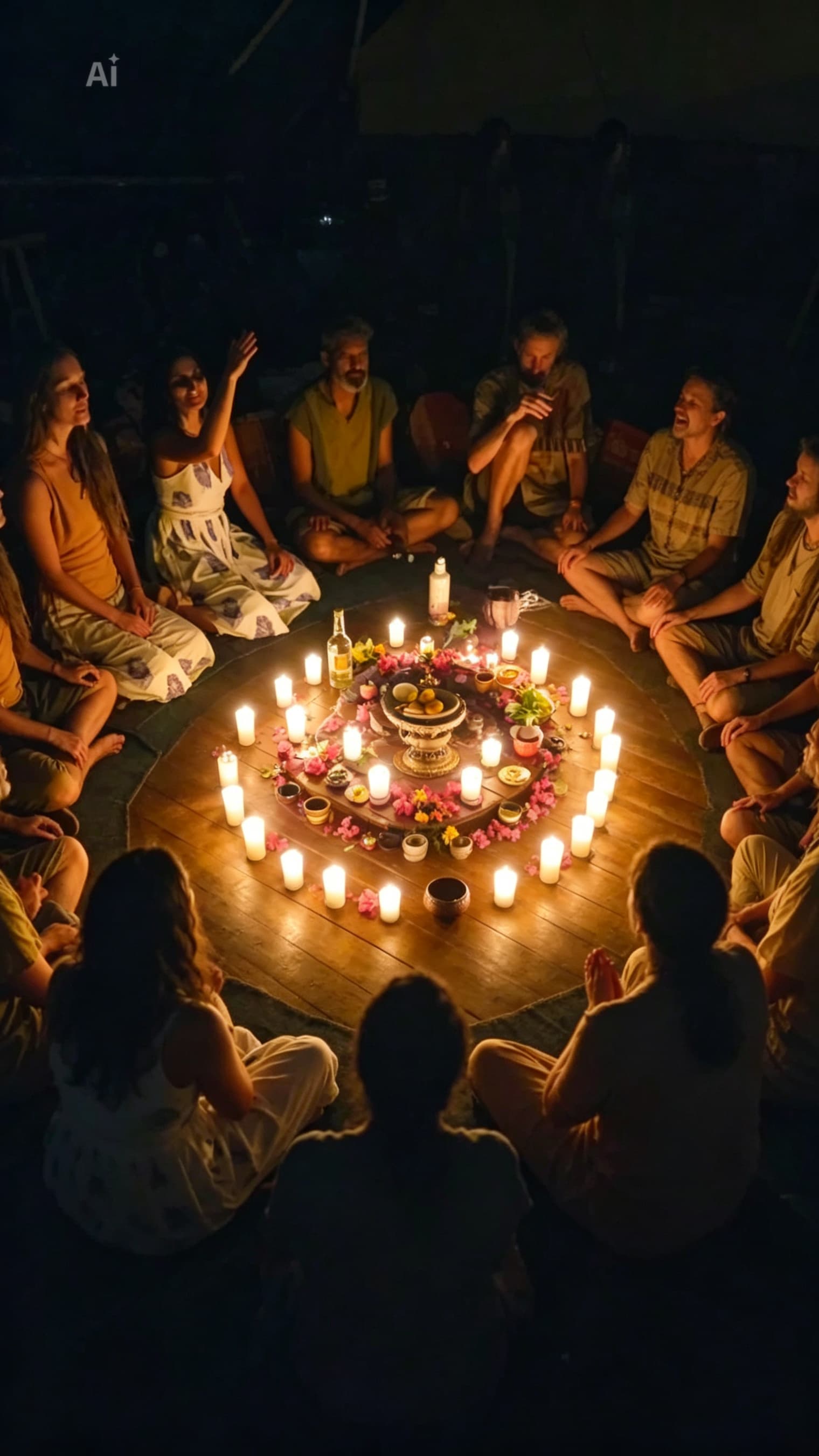 Community singing circle around candles at night